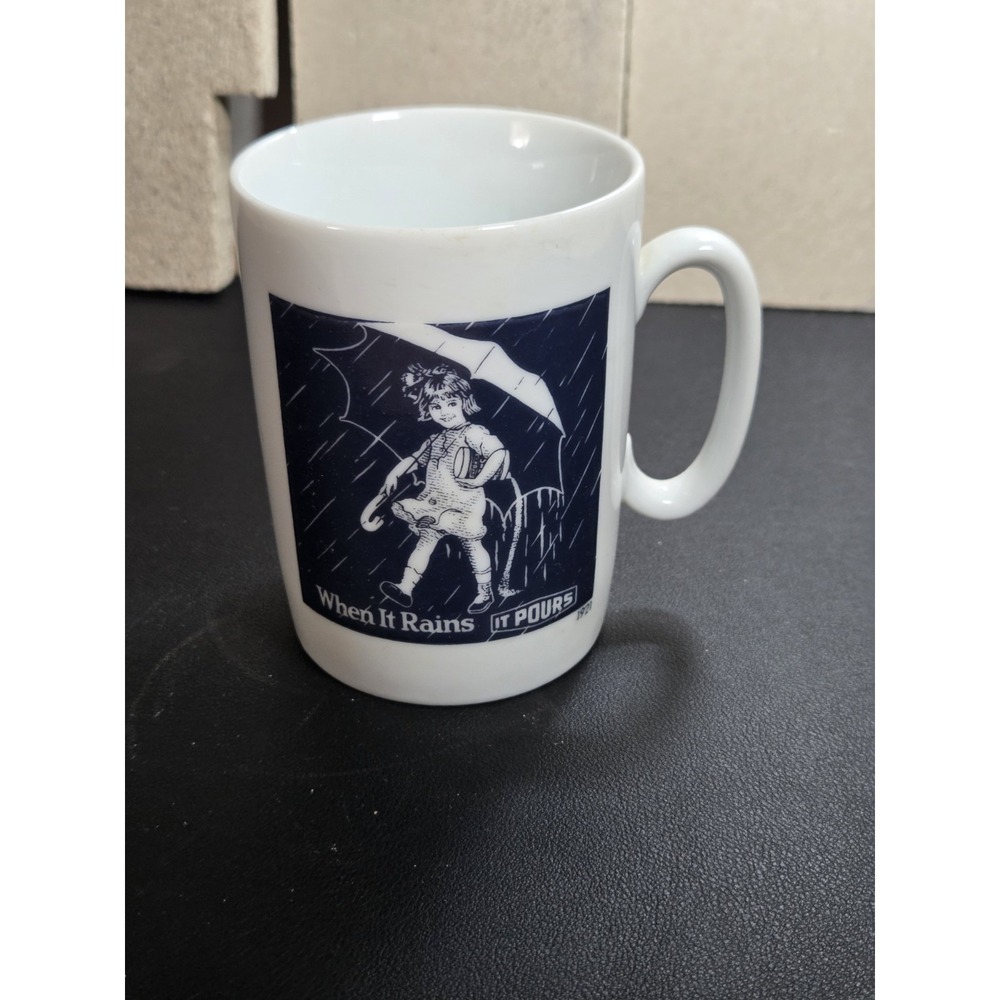 Vintage Morton Salt Coffee Mug When It Rains It Pours 1921 Girl Japan White Blue